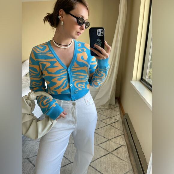 ☘️ NA-KD FAshion Printed Cropped Cardigan In Orange and Blue L - Picture 10 of 11